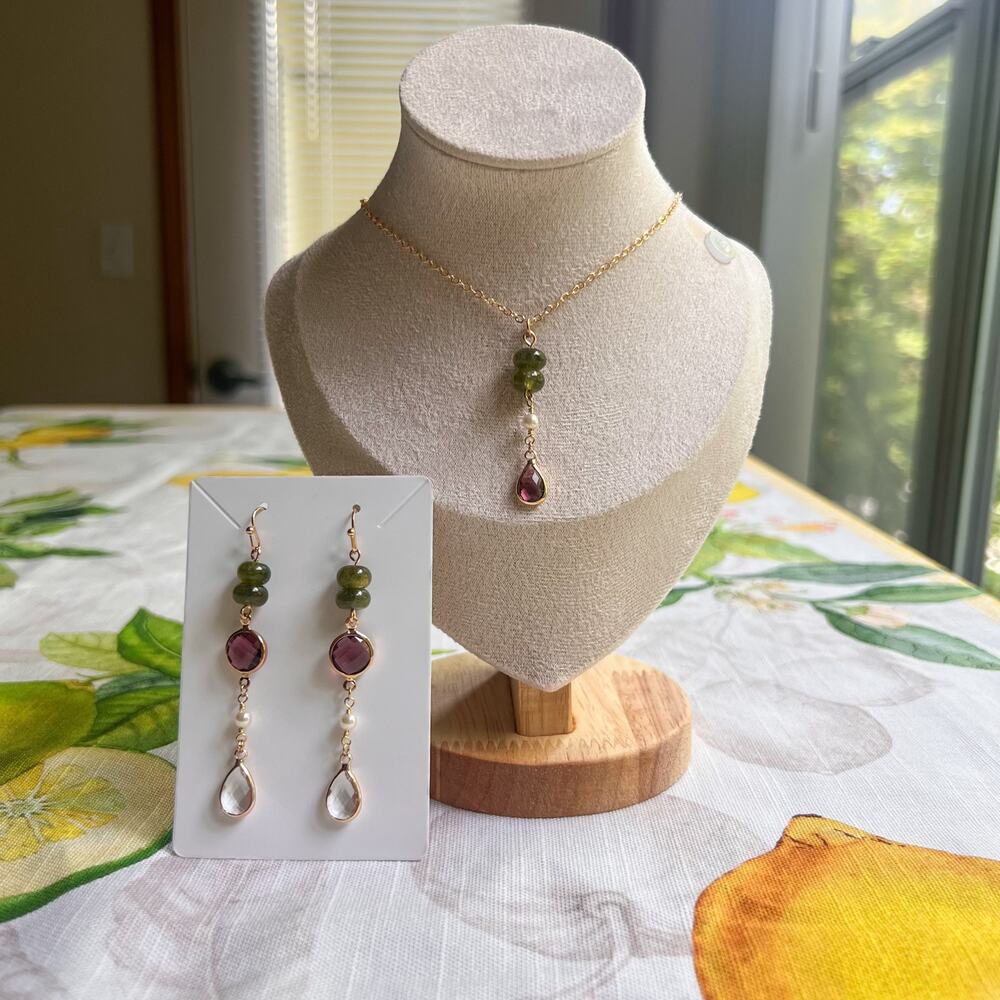 Jewelry Set Novelty Dark Moss Olive Green Pearl Quartz Glass Garnet Long Casual